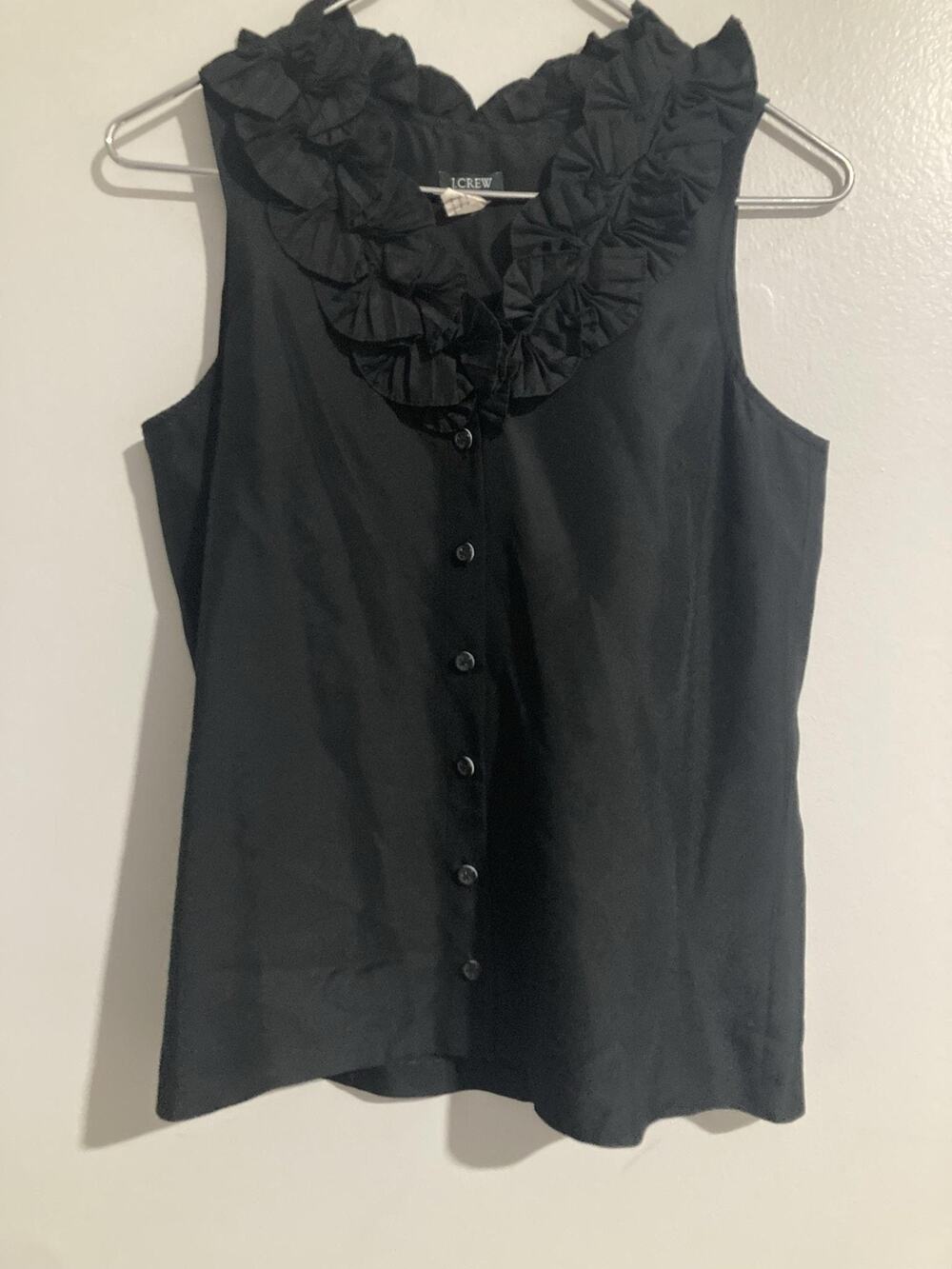 J.CREW Blouse Womens 2 Black Silk Ruffle Collar Sleeveless Button-Up Business